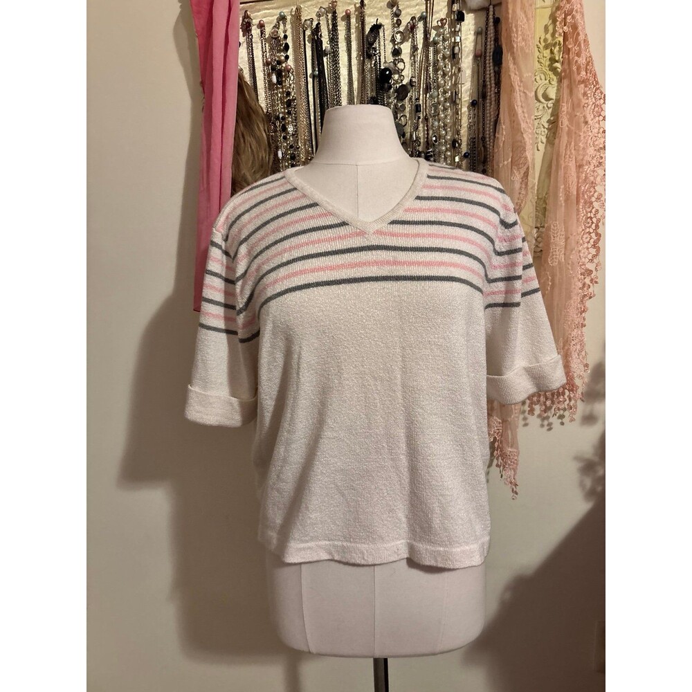 Vintage 80s 90s Russ Pastel Striped Short Sleeve V-Neck Knit Sweater Top